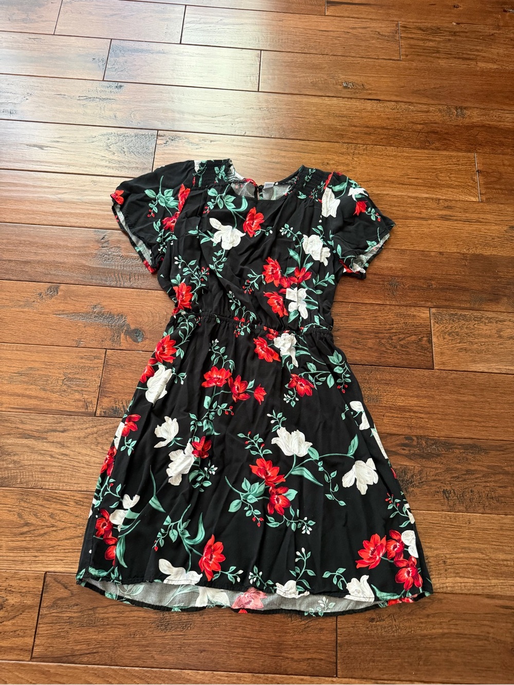 Old Navy Black Floral Casual Dress with Red & White Blooms